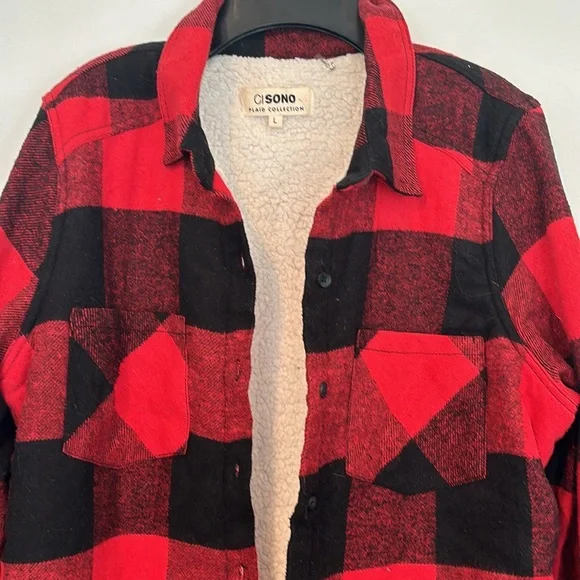 CI Sono Women’s Red and Black Plaid Fleece Lined Shirt Jacket - size Large - Picture 2 of 4